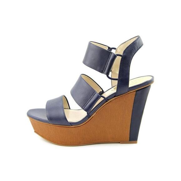 Vince Camuto Niskera Blue Open Toe Leather Slingback Wedge Sandal 7 - Picture 2 of 5